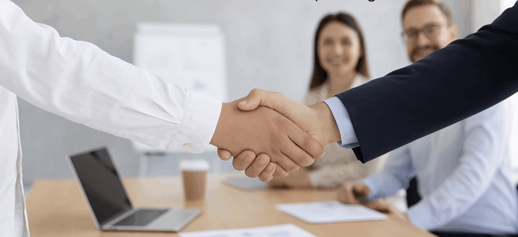 „Engmann IT-Service Referenzen: Geschäftspartner geben sich die Hand im Büro – Symbol für Vertrauen, Zuverlässigkeit und erfolgreiche Zusammenarbeit im IT-Service.“