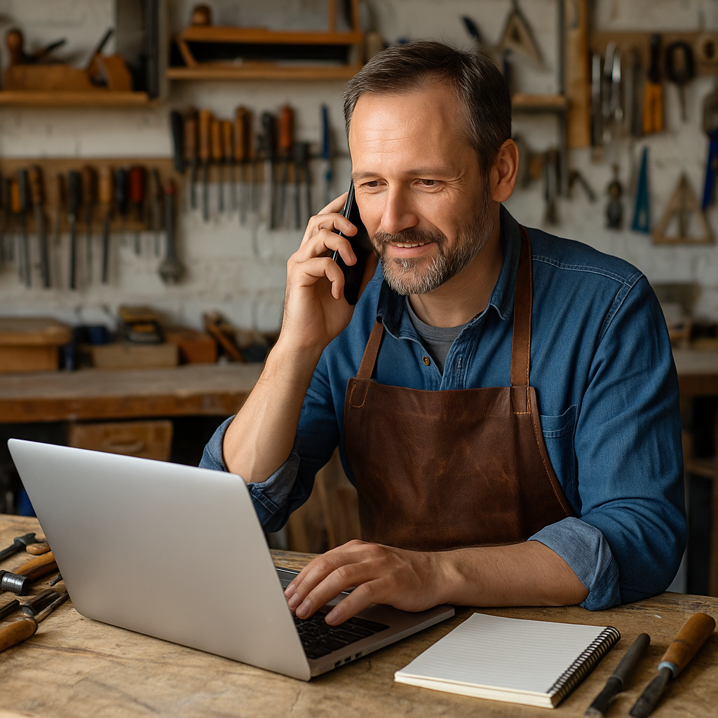 Handwerksmeister arbeitet in seiner Werkstatt am Laptop, spricht am Telefon – Symbol für einfache und moderne IT im Handwerk